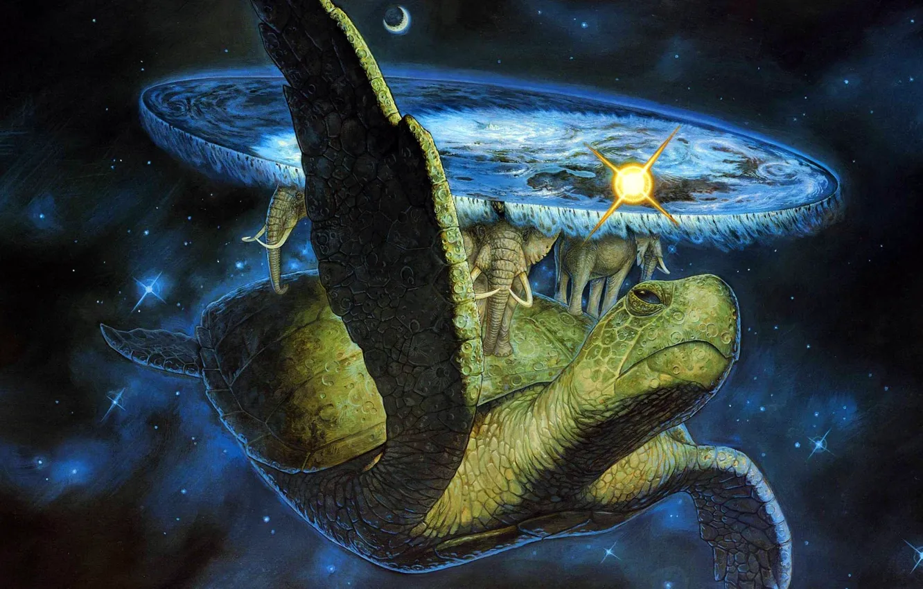 Photo wallpaper space, fantasy, turtle, elephants, Discworld Terry Pratchett