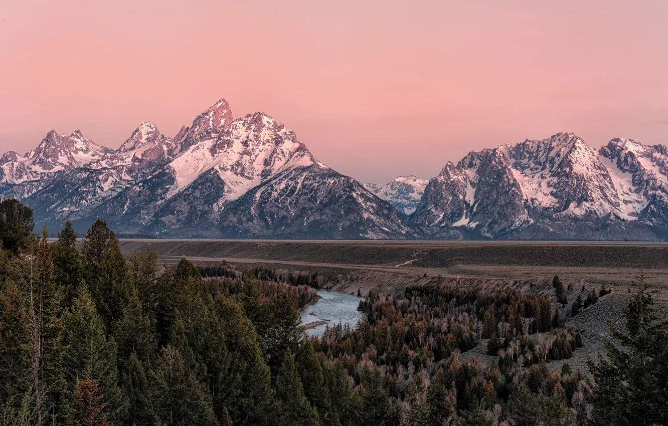 Photo wallpaper forest, mountains, nature, river, dawn