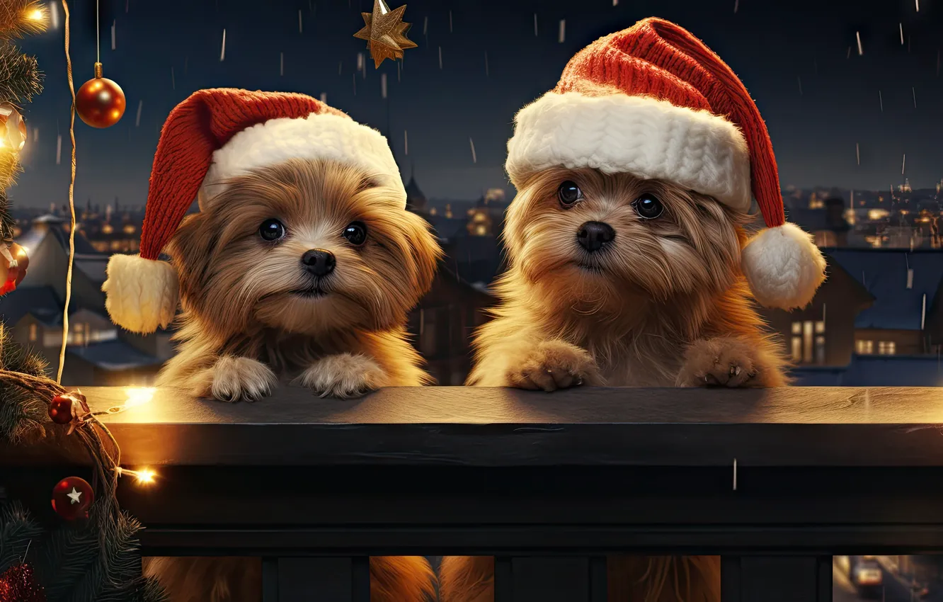 Photo wallpaper dogs, look, lights, dog, Christmas, gifts, New year, a couple