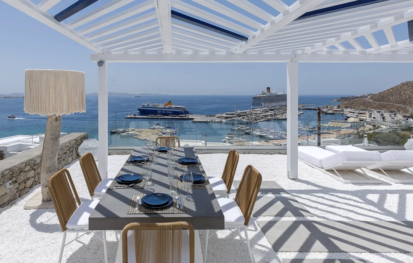 Photo wallpaper Villa, Greece, terrace, dining room, Mykonos, Sealine Villa, view of the marina