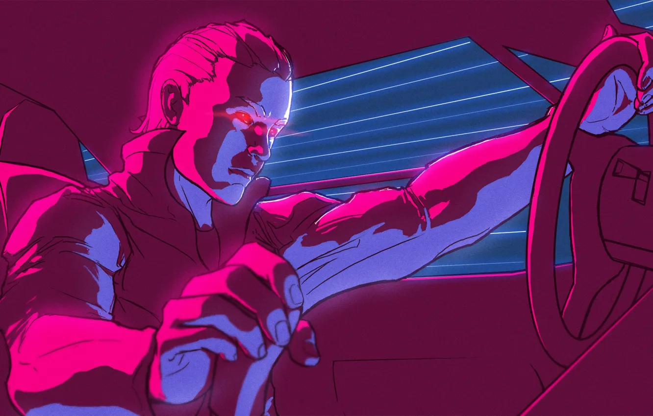 Photo wallpaper machine, stars, figure, people, neon, the wheel, Electronic, Synthpop