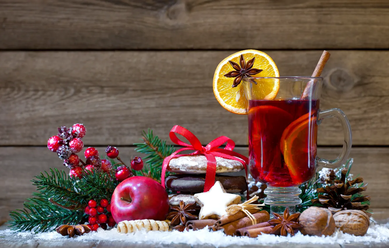 Photo wallpaper Apple, New Year, cookies, Christmas, nuts, cinnamon, wine, orange