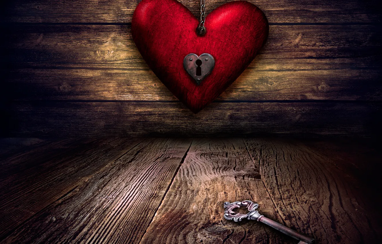 Photo wallpaper red, heart, Board, key, chain, twilight, Valentine's day, keyhole