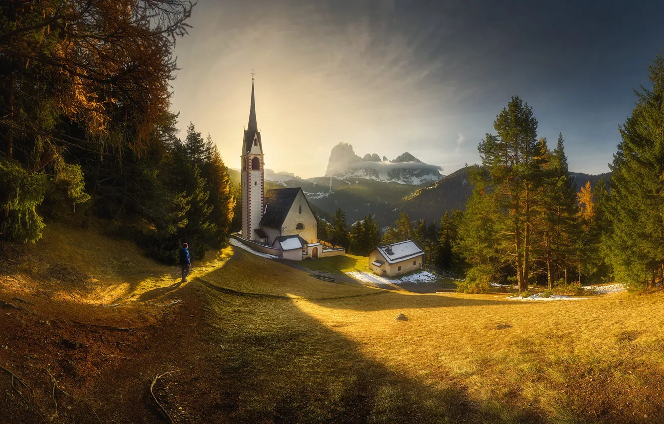 Photo wallpaper autumn, mountains, people, Church