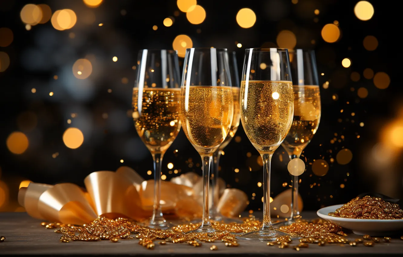 Photo wallpaper decoration, gold, balls, glass, new year, golden, champagne, Christmas