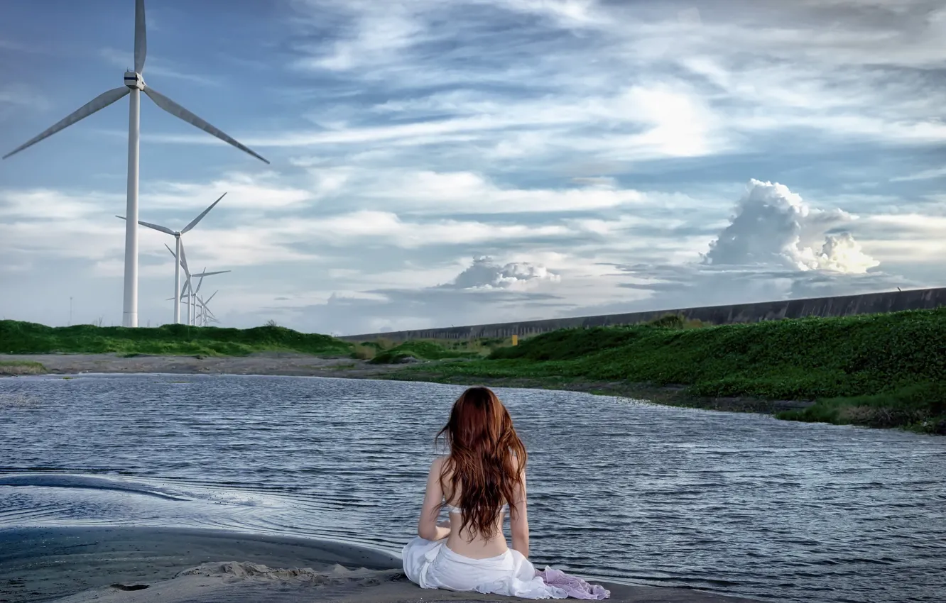 Photo wallpaper girl, landscape, lake, windmills