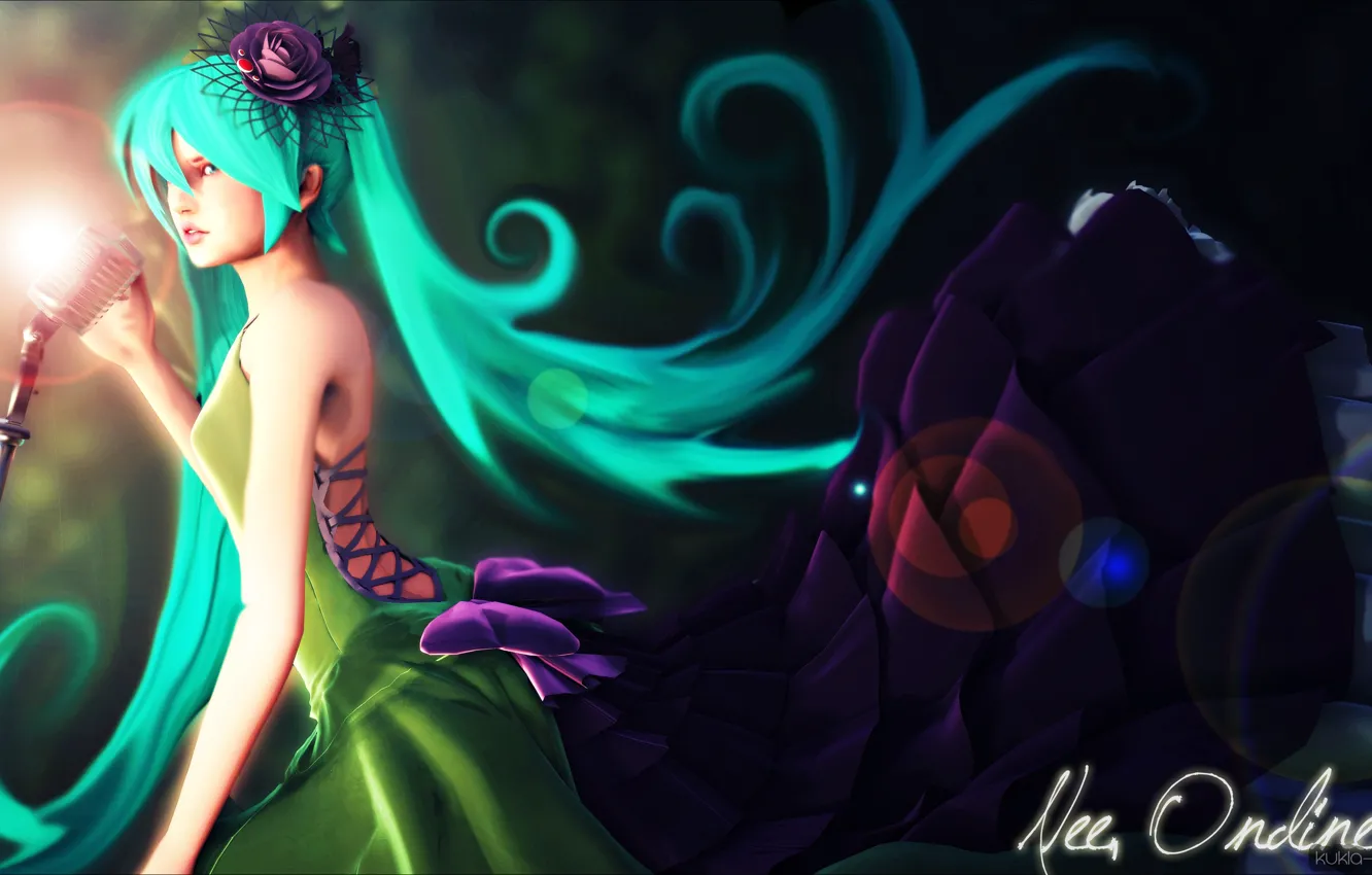 Photo wallpaper girl, hair, dress, microphone, vocaloid, hatsune miku, bow on the head of a flower