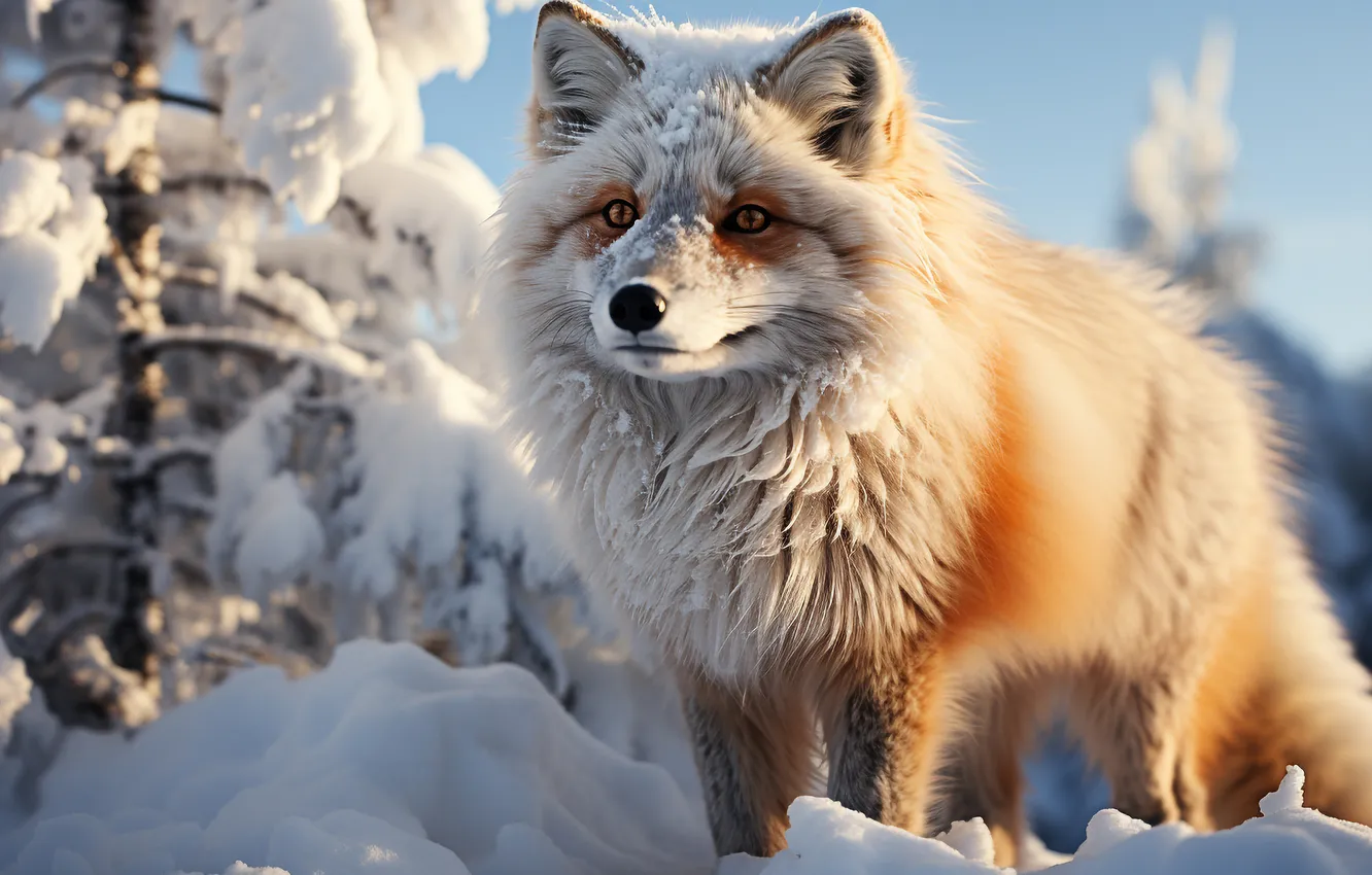 Photo wallpaper winter, forest, snow, Fox, the snow, AI art, neural network
