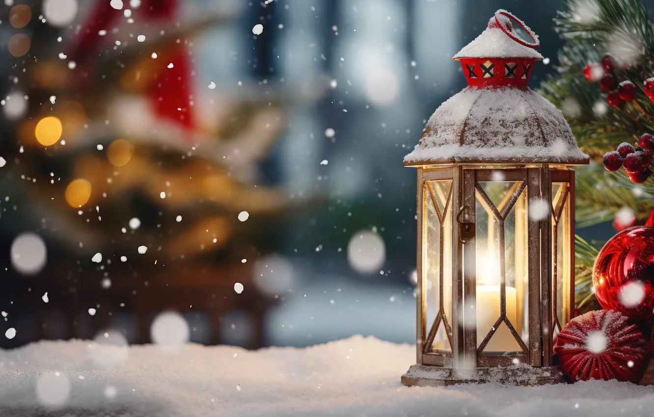 Photo wallpaper winter, snow, night, new year, Christmas, lights, Christmas, night