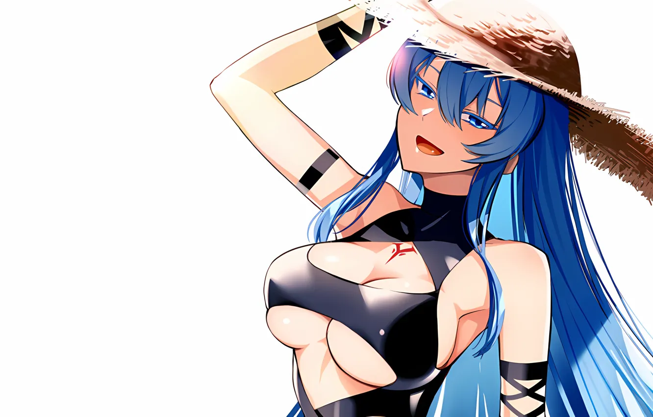 Photo wallpaper girl, sexy, cleavage, long hair, hat, boobs, anime, blue eyes