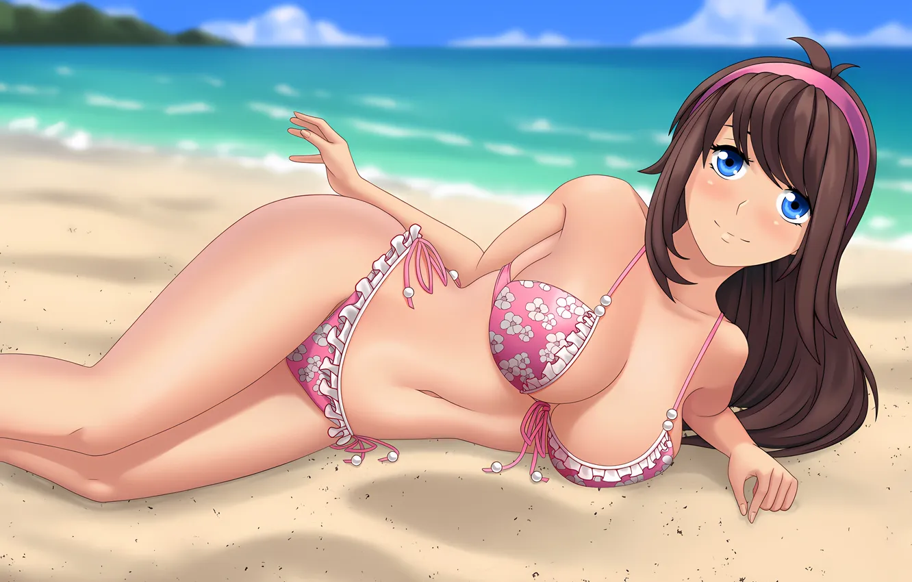 Photo wallpaper girl, sexy, cleavage, beach, long hair, sea, brown hair, boobs