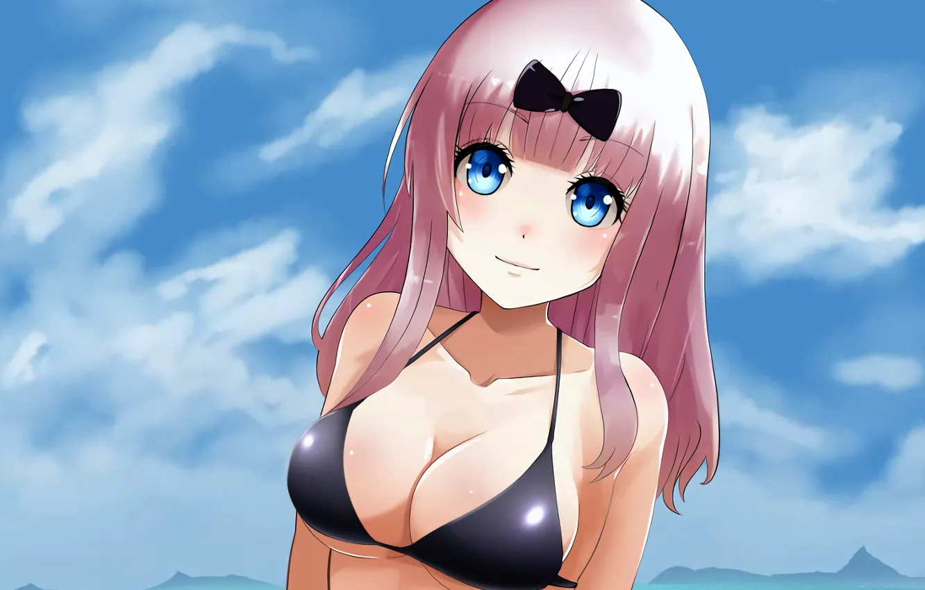 Photo wallpaper girl, sexy, cleavage, pink hair, long hair, boobs, anime, blue eyes