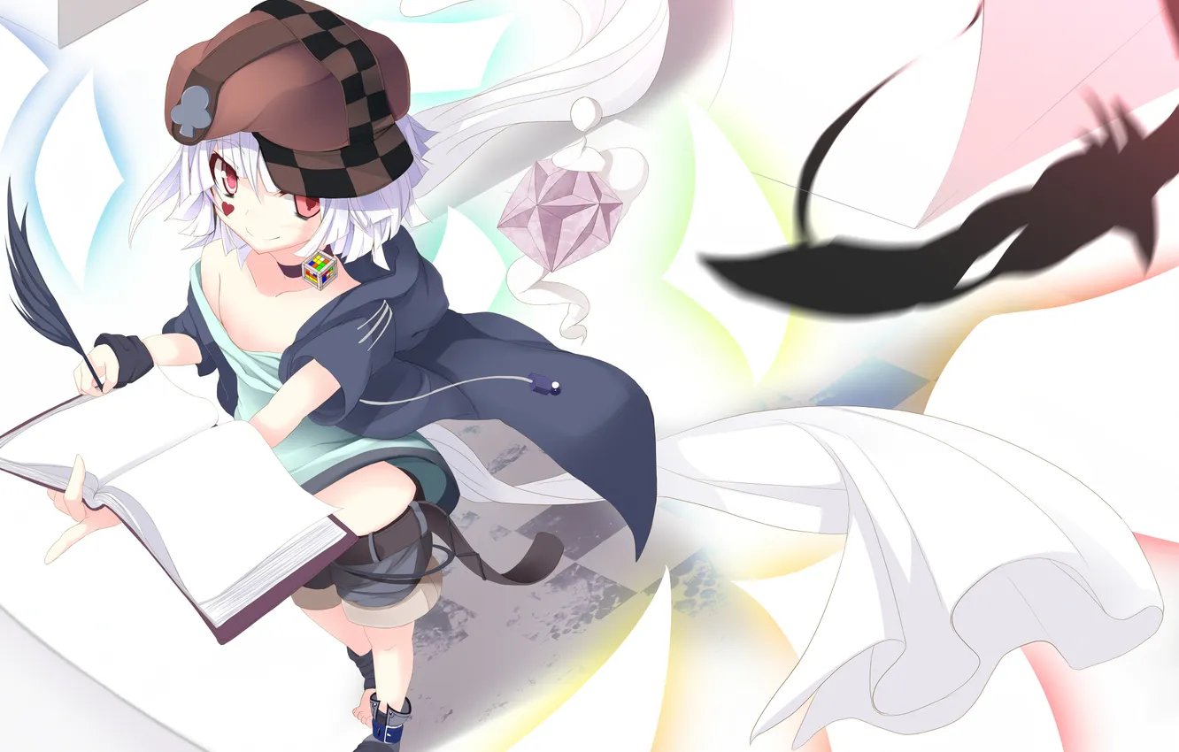 Photo wallpaper look, girl, smile, feathers, book, art, sukage