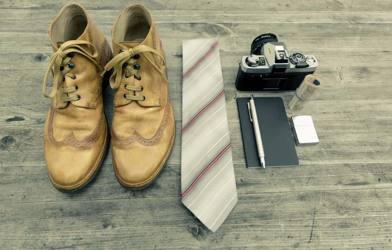 Photo wallpaper money, shoes, lighter, the camera, handle, tie, Notepad, fashion