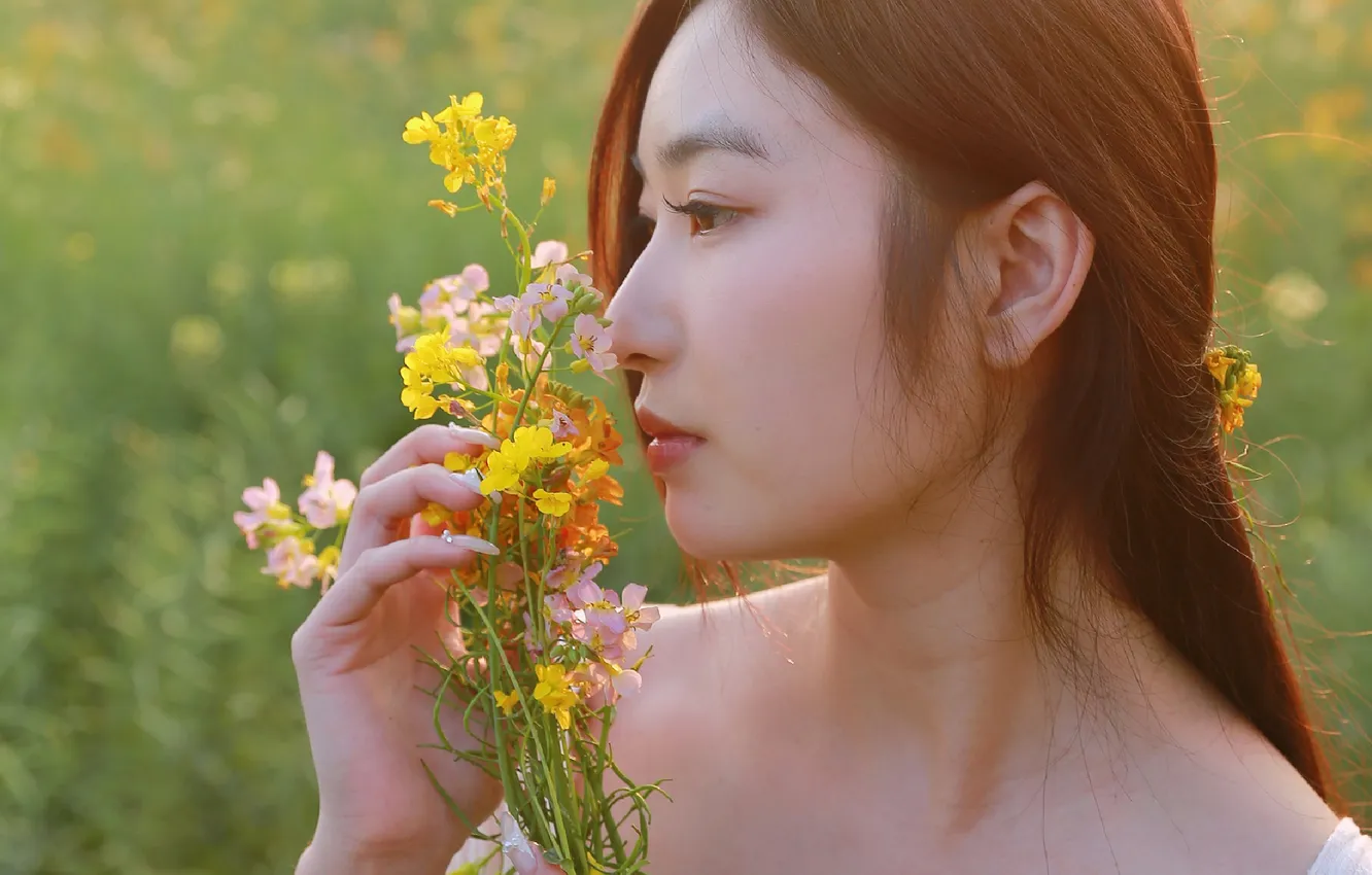 Photo wallpaper Beautiful, Asian, Model, Flowers, Woman, Bouquet, Cute, Pretty