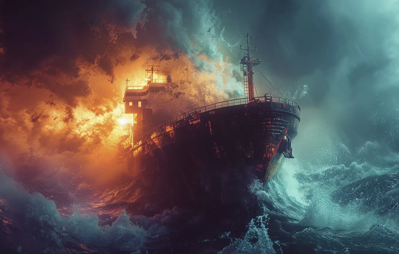 Photo wallpaper Sea, Fire, Ship, Hurricane, Digital art, AI art, The Art of Artificial Intelligence, Neural network