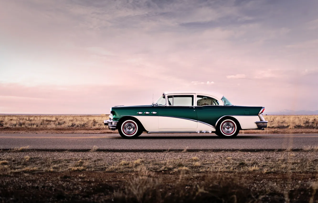 Photo wallpaper road, the sky, clouds, wheel, side, 1956, Buick