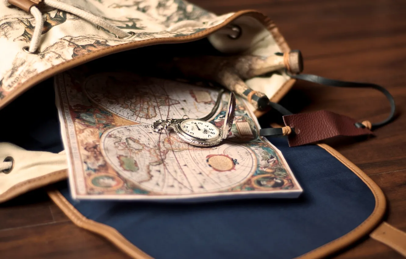 Photo wallpaper watch, map, bag, backpack, pocket