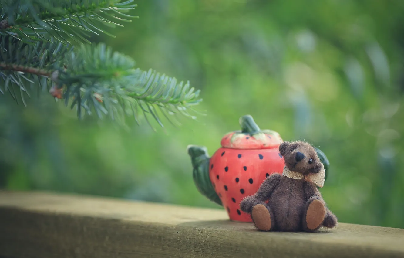 Photo wallpaper branches, childhood, green, background, mood, tea, toy, kettle