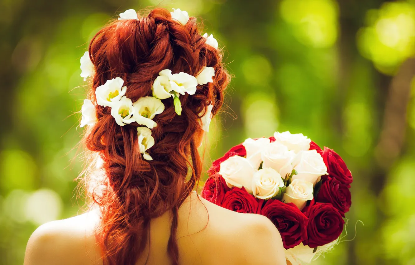 Photo wallpaper girl, roses, bouquet, hairstyle, red, bokeh