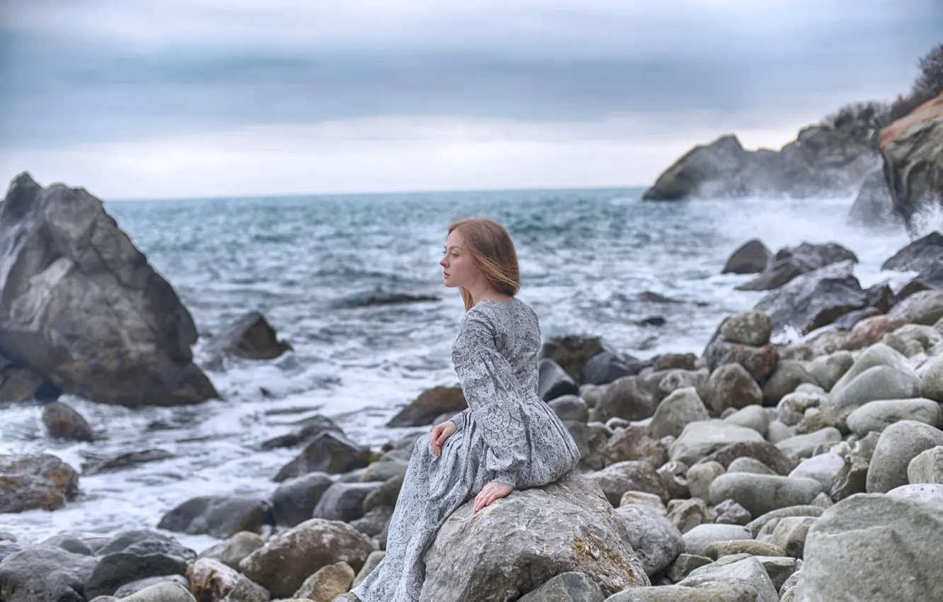 Photo wallpaper sea, girl, pose, dress, Dmitry Levykin, Maria Martyanova