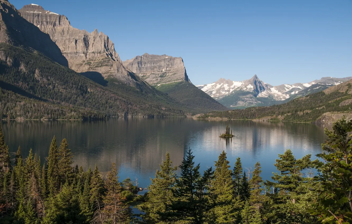 Photo wallpaper the sky, mountains, Mountain peaks, forest, lake