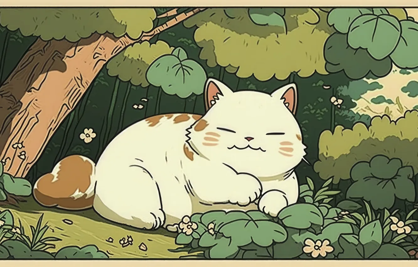 Photo wallpaper cat, white, cat, leaves, trees, nature, pose, styling