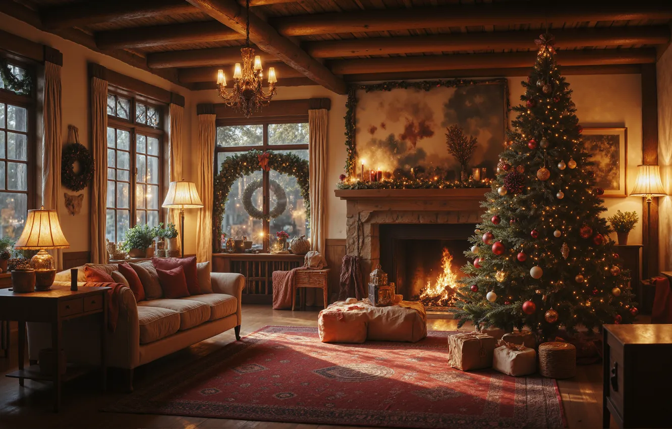 Photo wallpaper room, furniture, new year, interior, Christmas, fireplace, living room, Christmas decorations