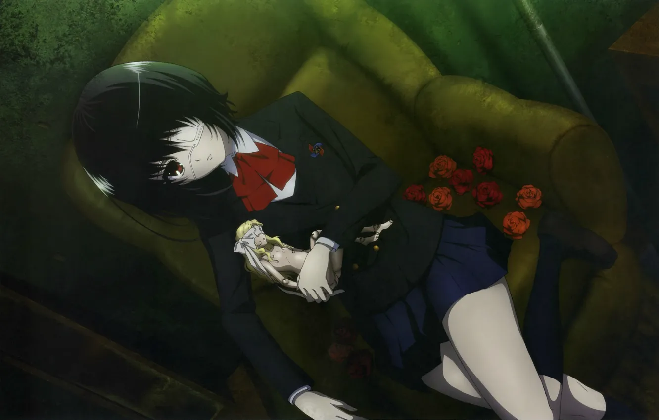 Photo wallpaper void, loneliness, in the chair, eye patch, puppet, another, Other, Misaki Mei