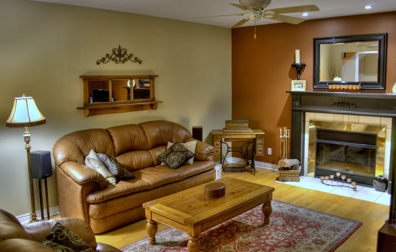 Photo wallpaper room, sofa, Mat, fireplace, table, mirror.