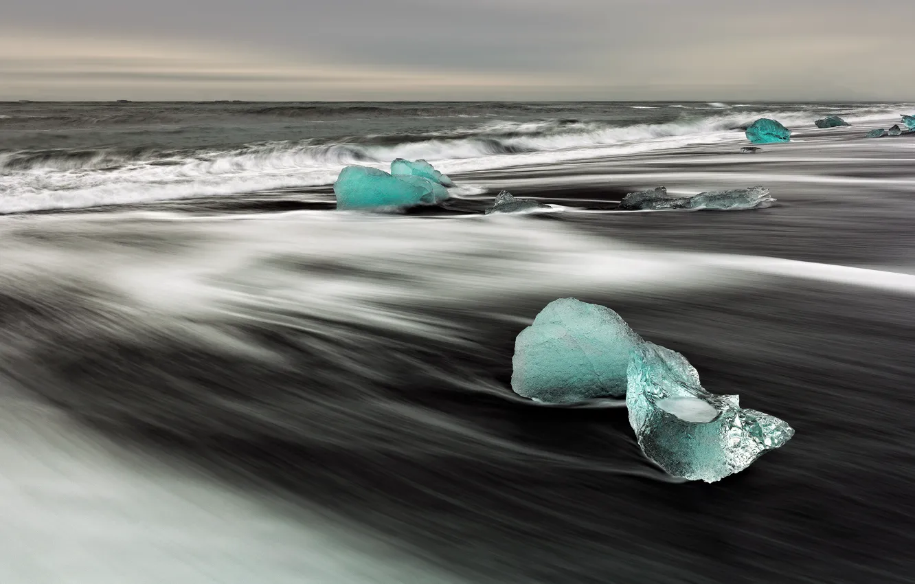 Photo wallpaper ice, winter, sea, wave, the sky, green, shore, ice