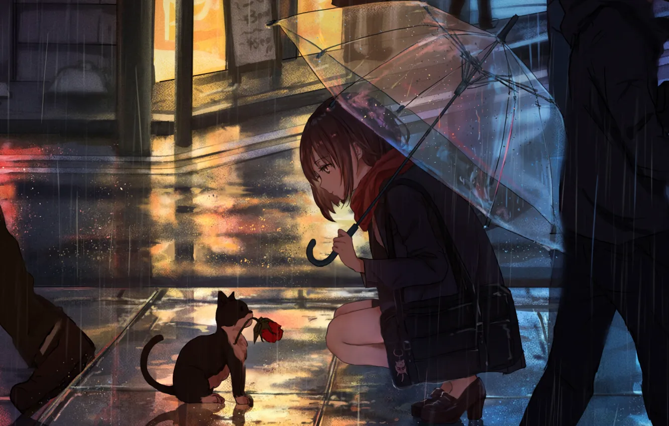 Photo wallpaper Girl, Anime, Flower, Rain, Umbrella, Cat
