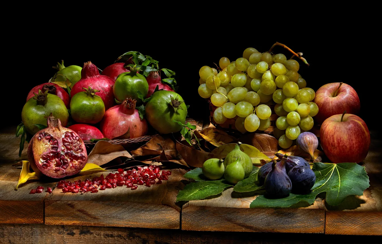 Photo wallpaper apples, food, grain, grapes, fruit, black background, still life, items
