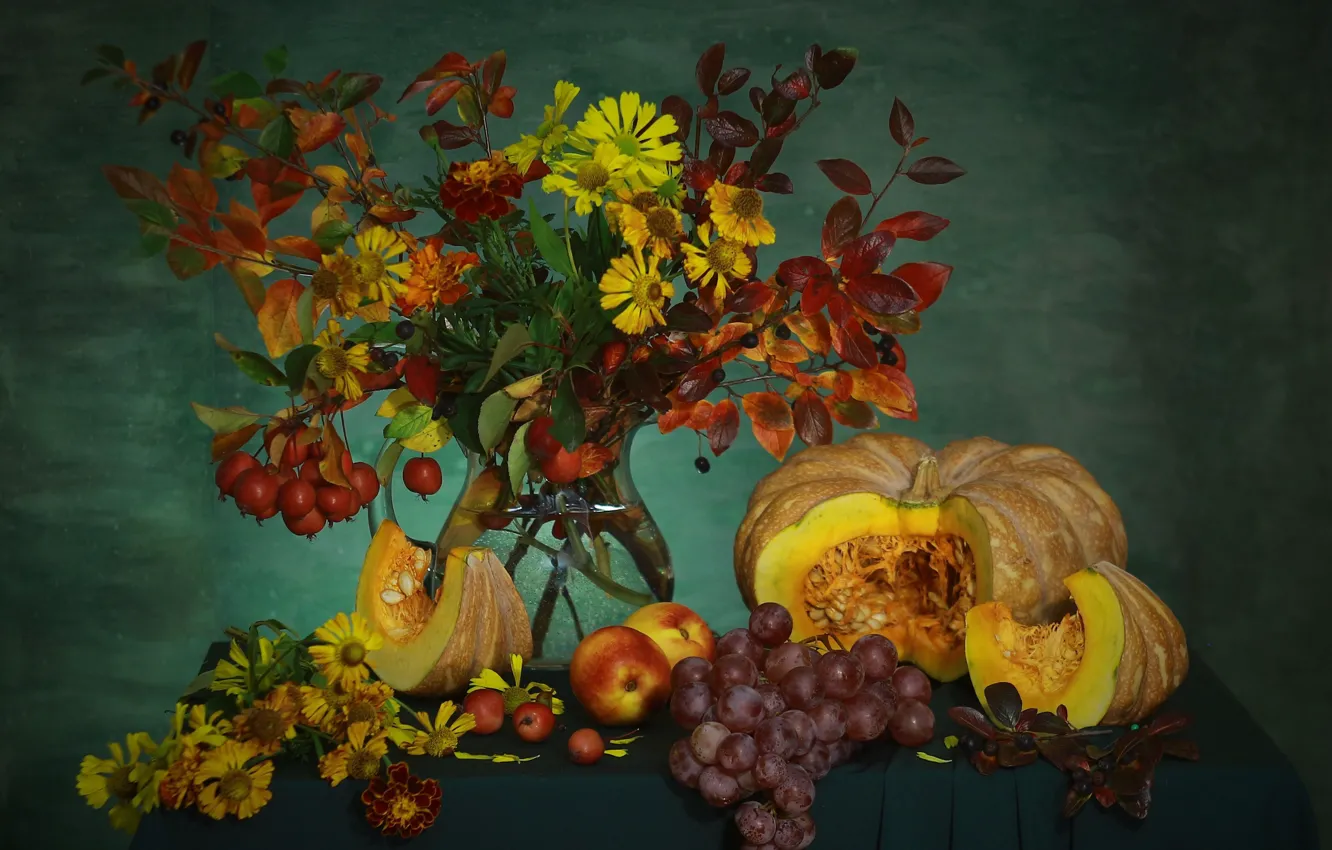 Photo wallpaper leaves, flowers, branches, table, bouquet, fruit, grapes, pumpkin