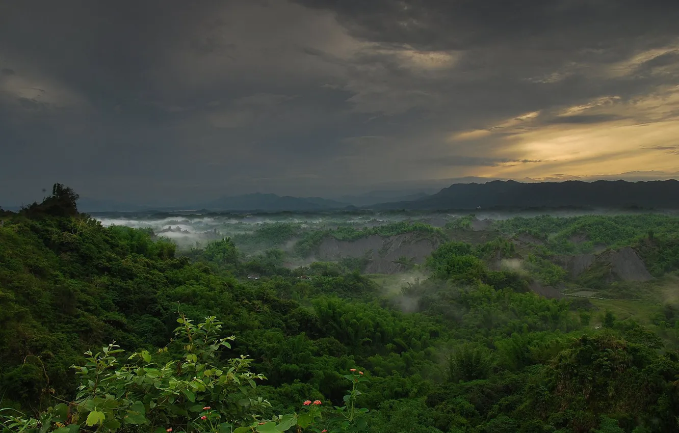 Photo wallpaper clouds, sunset, mountains, fog