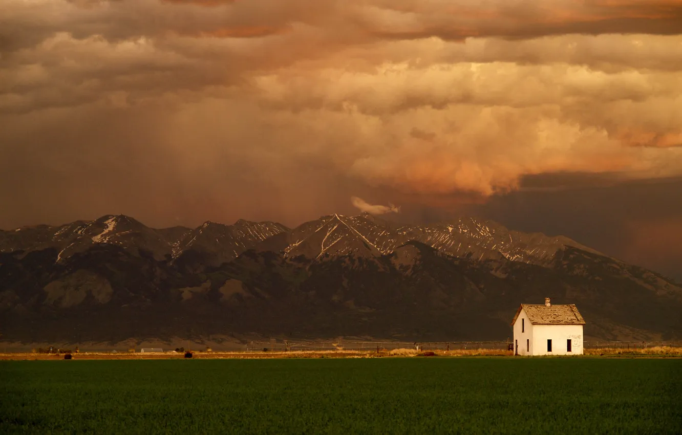 Photo wallpaper field, the sky, clouds, light, sunset, mountains, tops, home