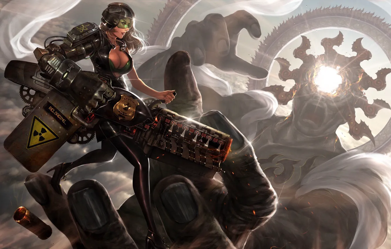 Photo wallpaper girl, rays, light, style, weapons, fiction, hole, figure