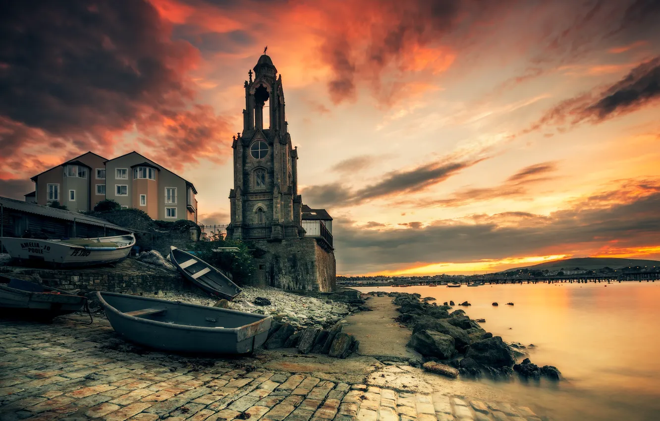 Photo wallpaper sea, landscape, sunset, shore, boat, building