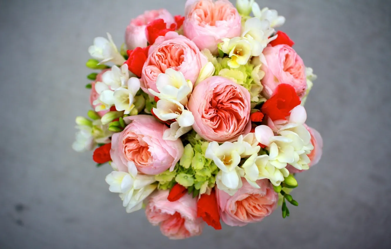 Photo wallpaper flowers, bouquet, peonies, hydrangea, composition, freesia