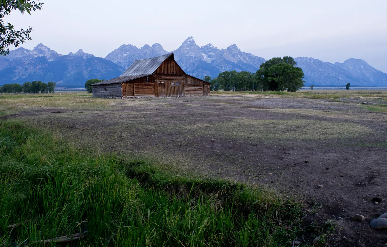 Photo wallpaper field, landscape, mountains, house