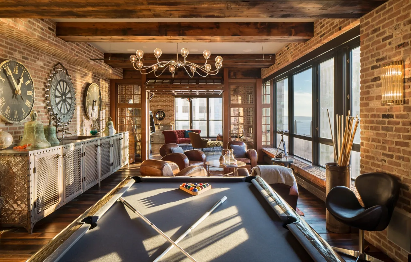 Photo wallpaper tables, pool table, wooden chairs