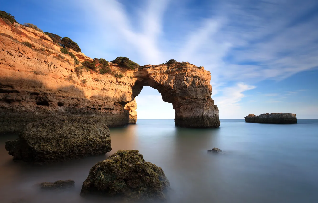 Photo wallpaper sea, stones, rocks, horizon, arch, calm, Portugal, Faro