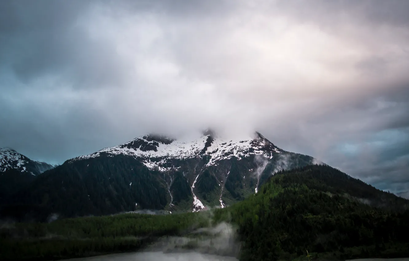 Photo wallpaper the sky, snow, trees, mountains, clouds, nature, overcast, rocks