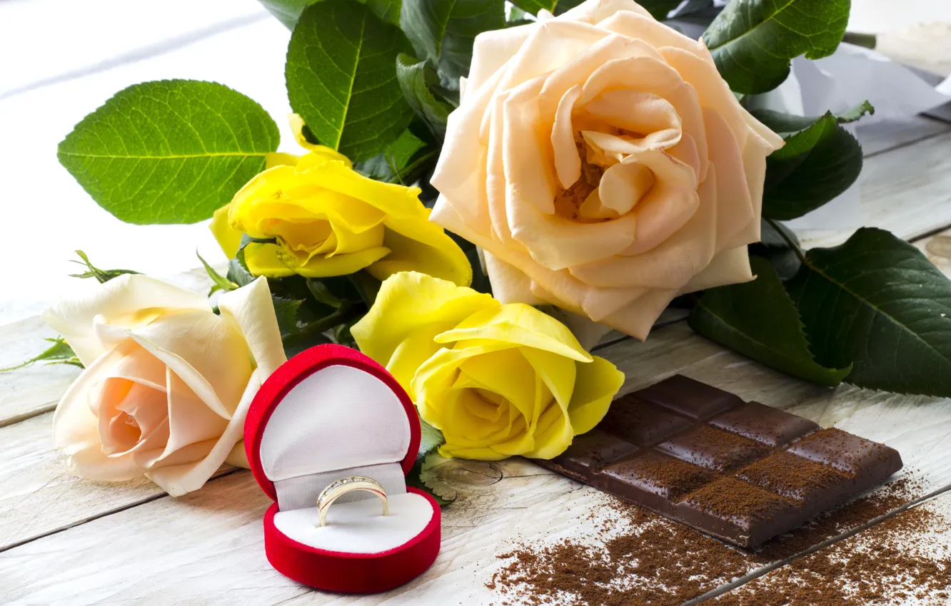 Photo wallpaper chocolate, roses, ring, sweet, chocolate, ring, roses