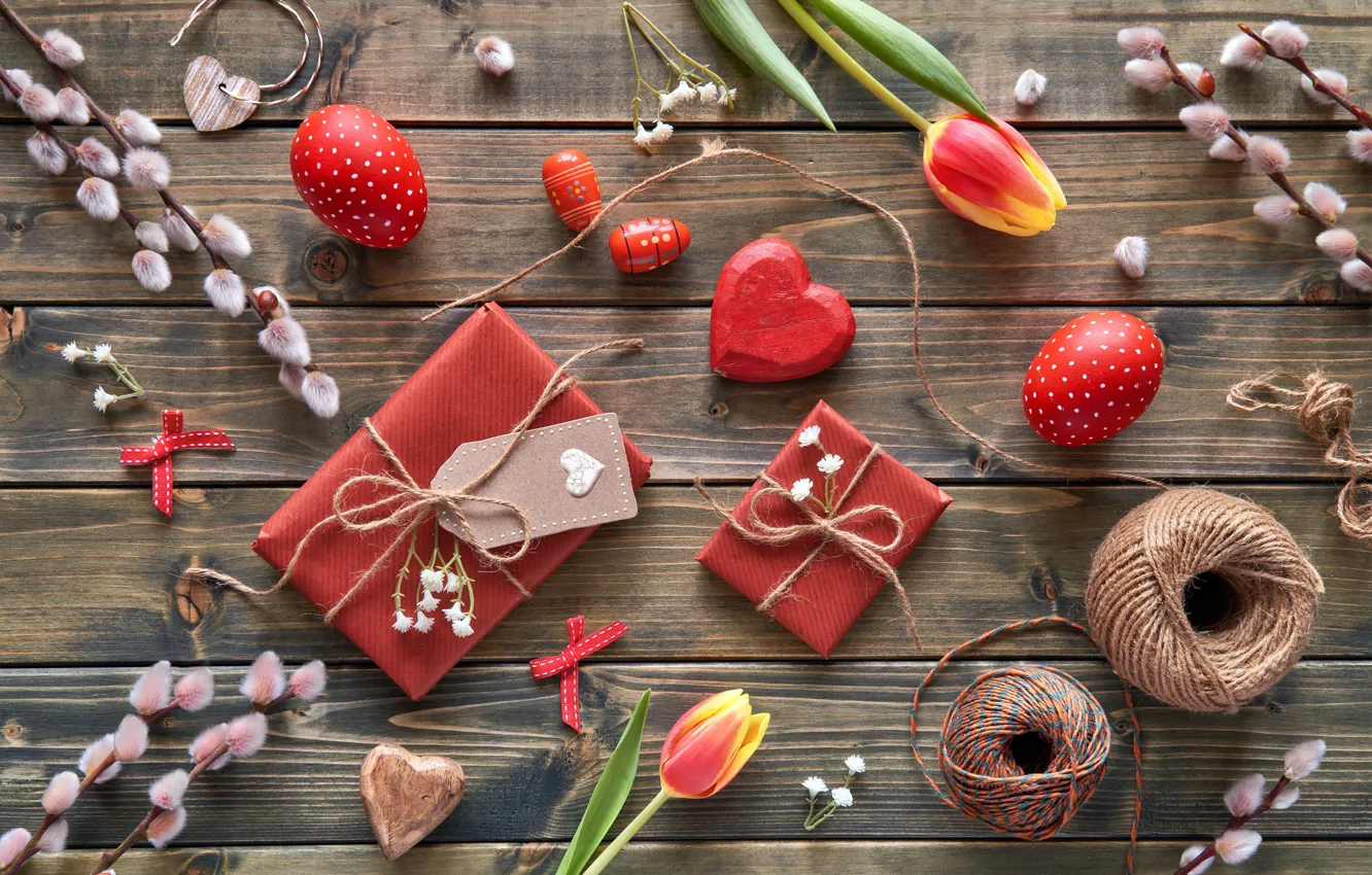 Photo wallpaper flowers, eggs, spring, Easter, tulips, love, wood, Verba