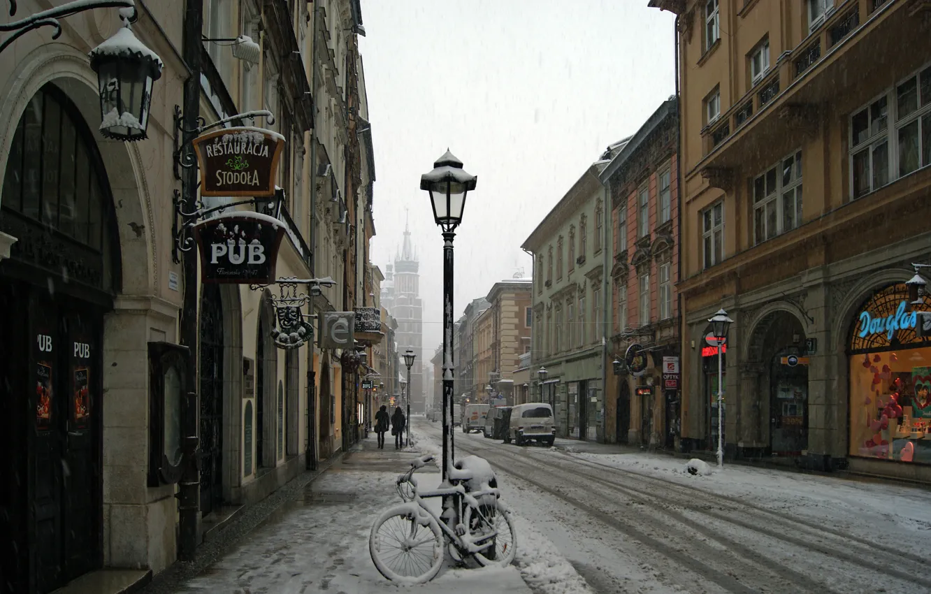 Photo wallpaper Home, Winter, Snow, Street, Lantern, Bike