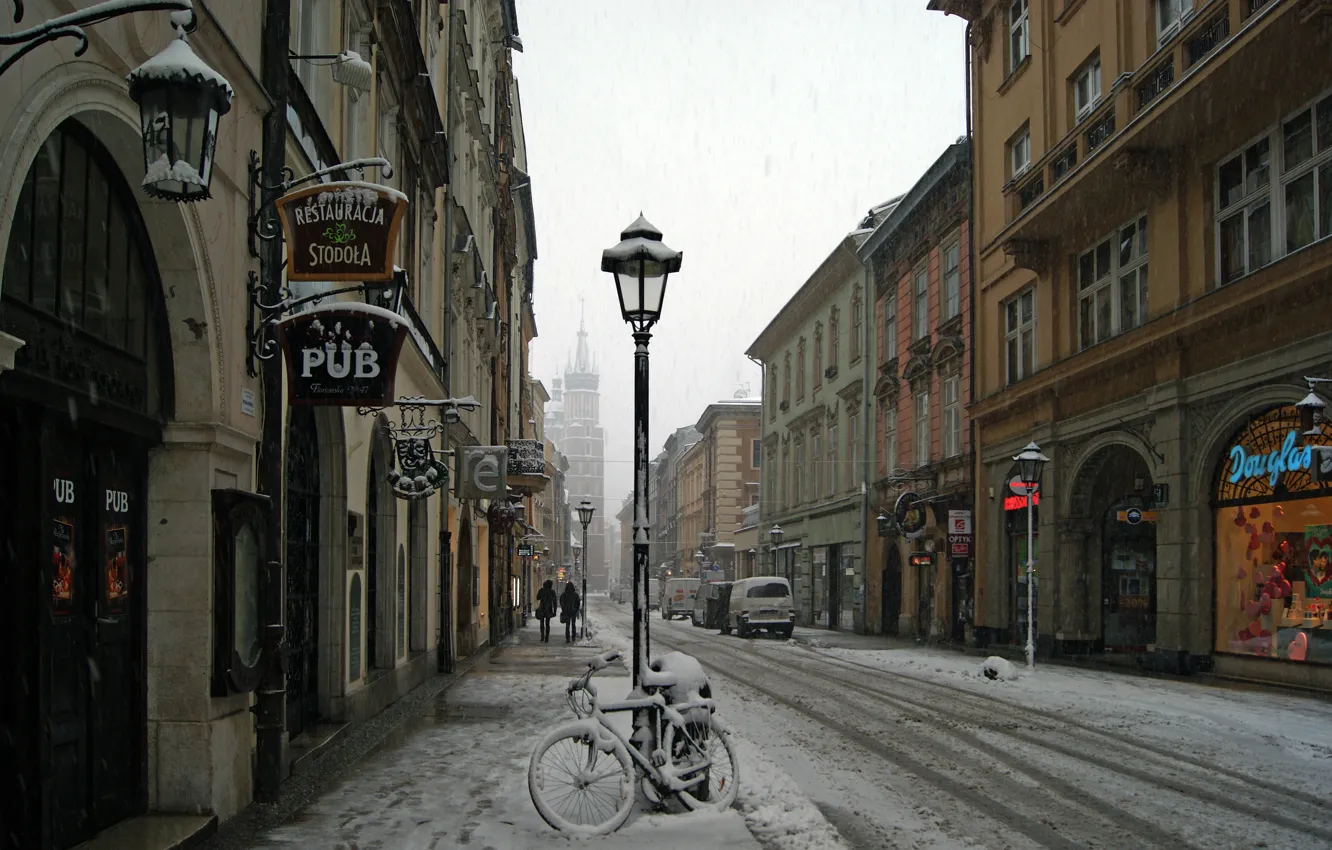 Photo wallpaper winter, snow, bike, street, home, lights