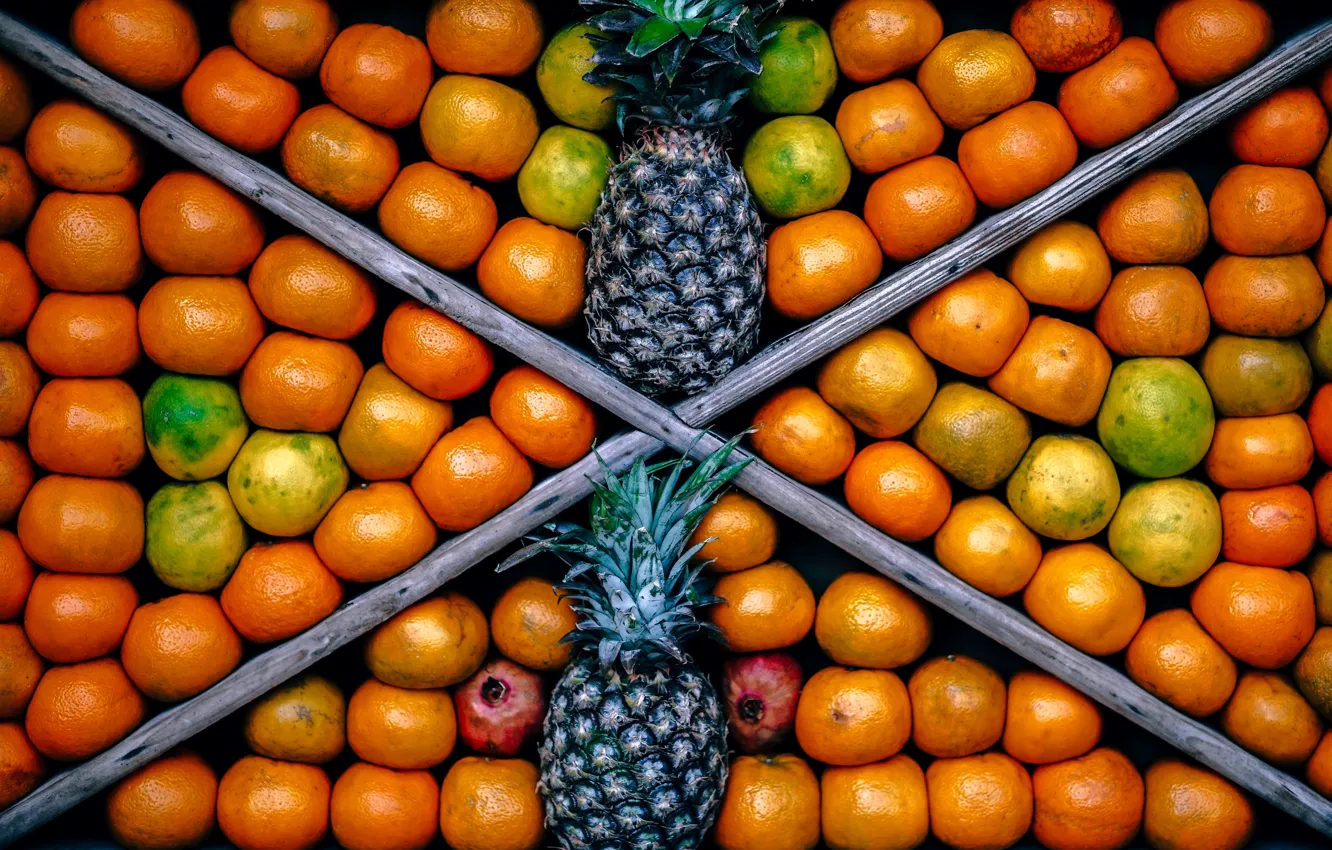 Photo wallpaper fruit, pineapple, box, grenades, showcase, tangerines, pineapples
