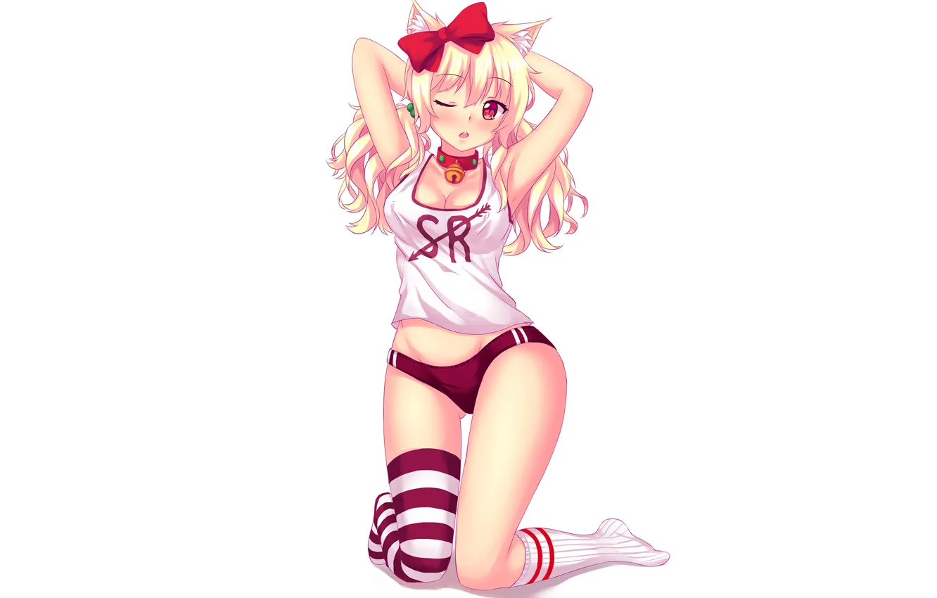 Photo wallpaper girl, sexy, cleavage, shorts, thighhighs, long hair, boobs, anime