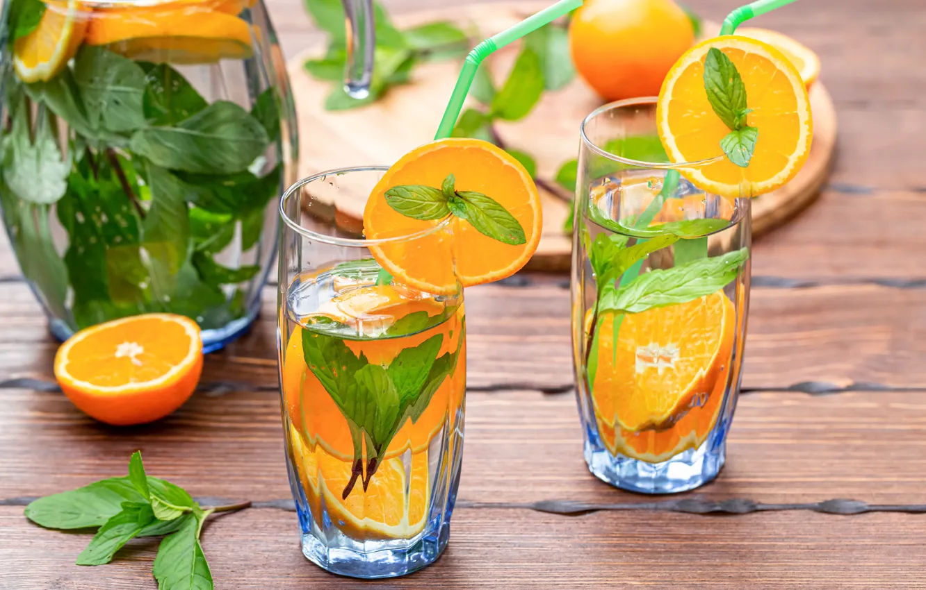 Photo wallpaper oranges, glasses, mint, lemonade